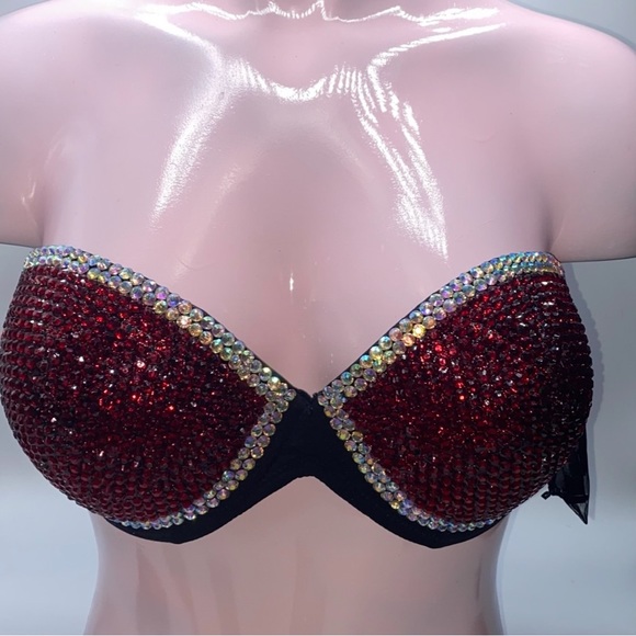 Iridescent Crystal AB Diamond & Dark Red Casino Strapless Bralet All Sizes New - Picture 3 of 11